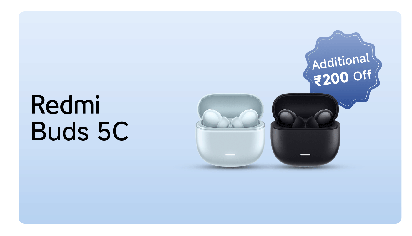 Redmi Buds 5C displayed in light blue and black cases. The image highlights an additional discount of ₹200.
