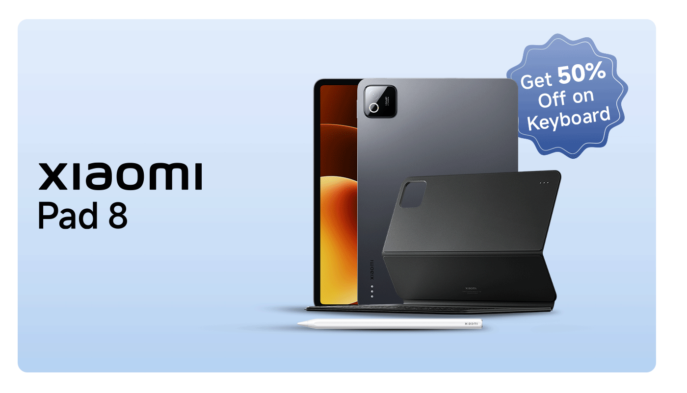 The Xiaomi Pad 8 is showcased with a black keyboard and a white stylus, set against a light blue background. In the top left corner, there is promotional information stating "Get 50% Off on Keyboard."