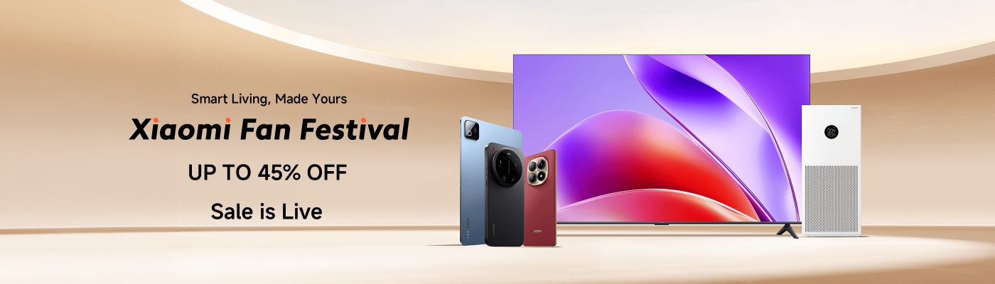 The Xiaomi Fan Festival promotional image showcases various products, including smartphones, televisions, and air purifiers. The text mentions "up to 45% discount" and states that "the promotion is ongoing." The background color scheme is a warm sandy tone, creating a relaxed atmosphere.