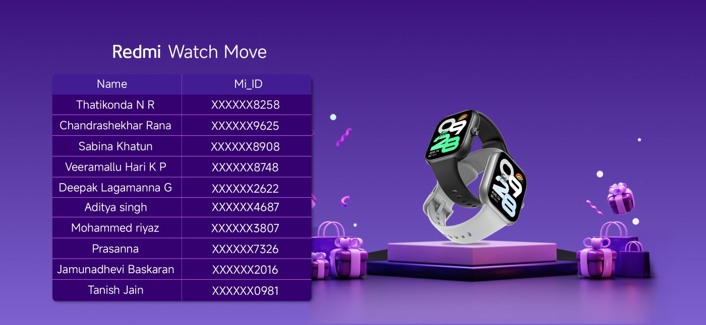 An image showcasing the Redmi Buds 6 headphones, with a purple background, featuring a headphone case and several gift boxes. A table lists the users' names along with their corresponding Mi_IDs.
