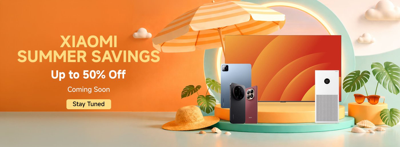 Xiaomi's summer promotion offers up to a 50% discount, and the event is coming soon. The background features a vibrant indoor environment showcasing televisions, smartphones, and air purifiers, alongside beach hats and other decorations.