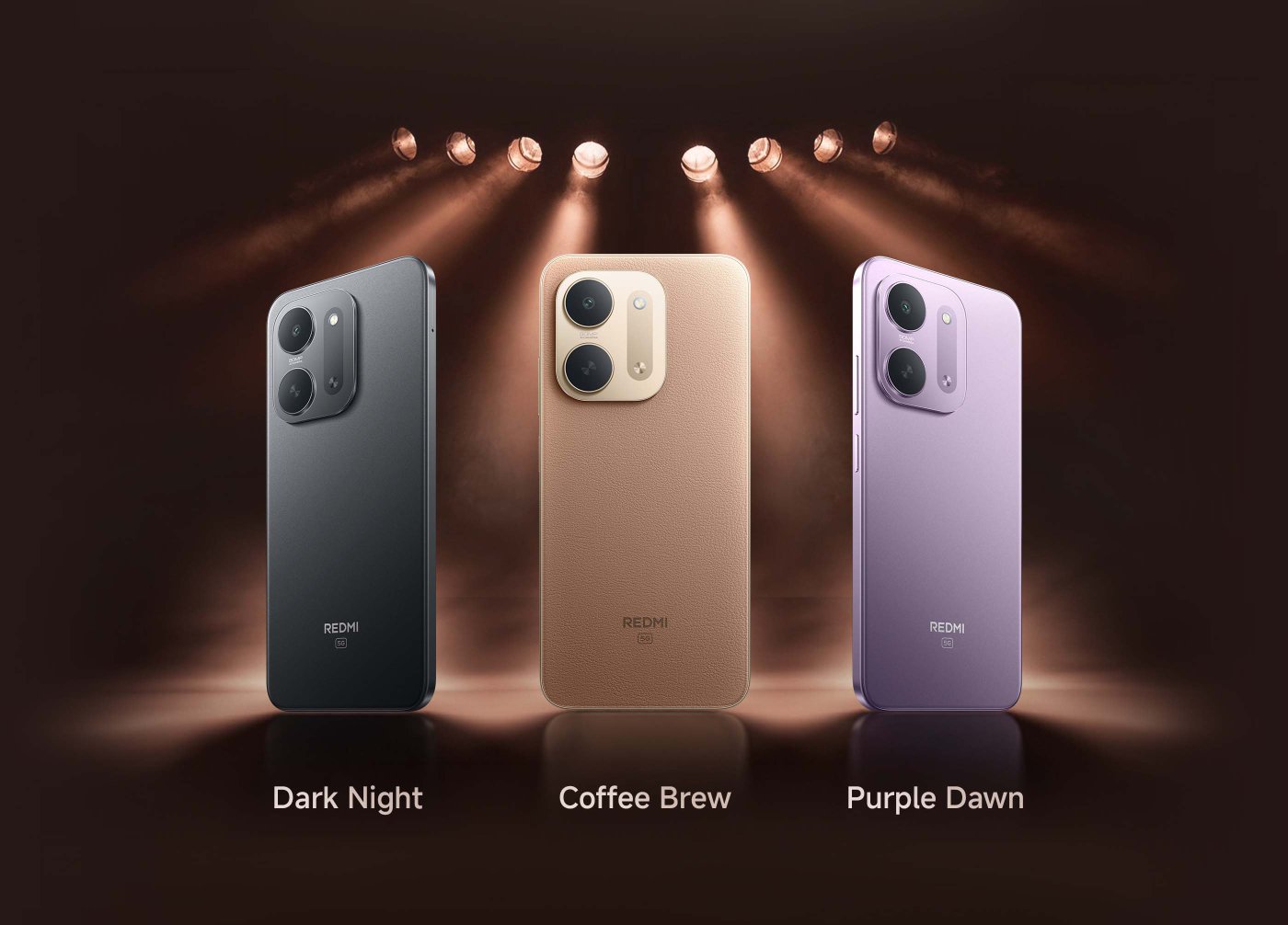 Three mobile phones are displayed in different colors: on the left is the black "Dark Night," in the middle is the brown "Coffee Brew," and on the right is the purple "Purple Dawn." The background is in dark tones, with spotlights shining on the phones.