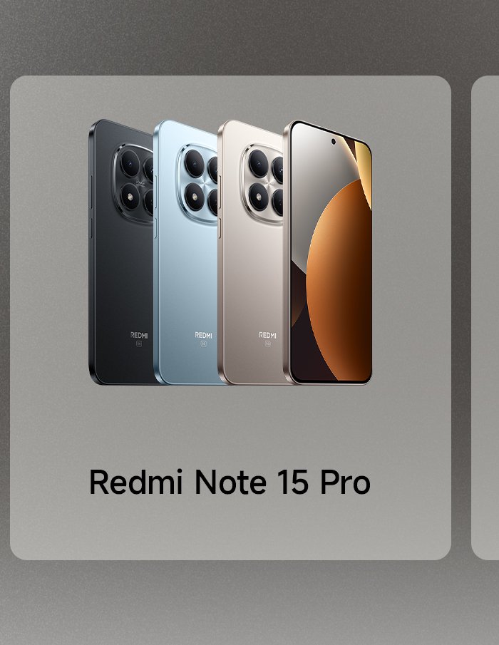 It showcases four different colored Redmi Note 15 Pro smartphones, including black, blue, beige, and gold. The phone's design is modern, with the screen displaying a partial circular pattern, and the overall background is gray.