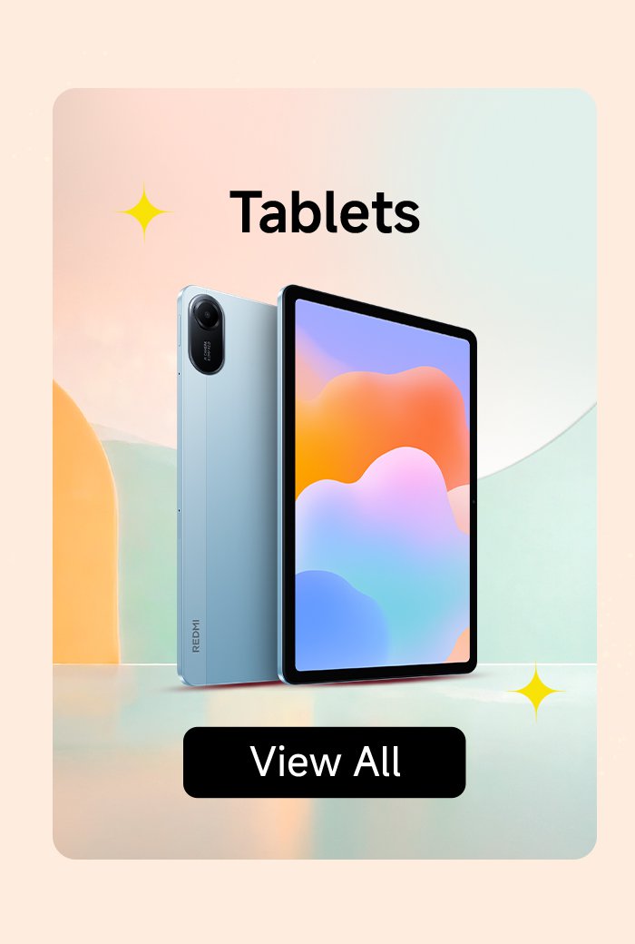 A tablet and a smartphone are displayed side by side, with a soft gradient color background. The word "Tablets" is at the top, and there is a "View All" button at the bottom.