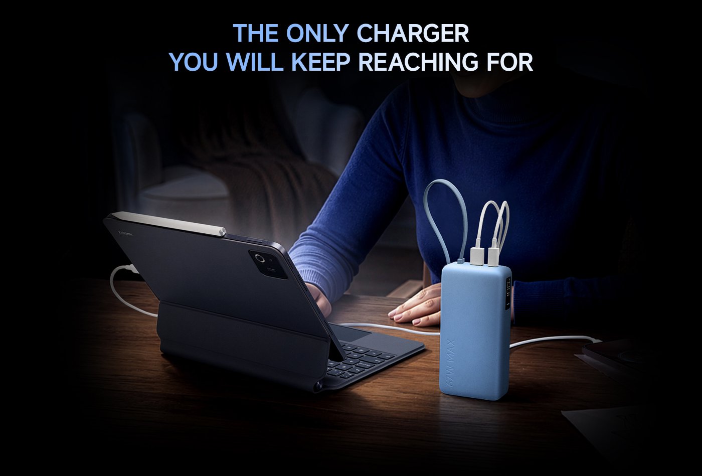 A blue power bank, marked with "67W" and "20000", with a black background. The text includes "NEVER MISS A MOMENT" and "67W Turbo Charging That Keeps Pace with Your Day".