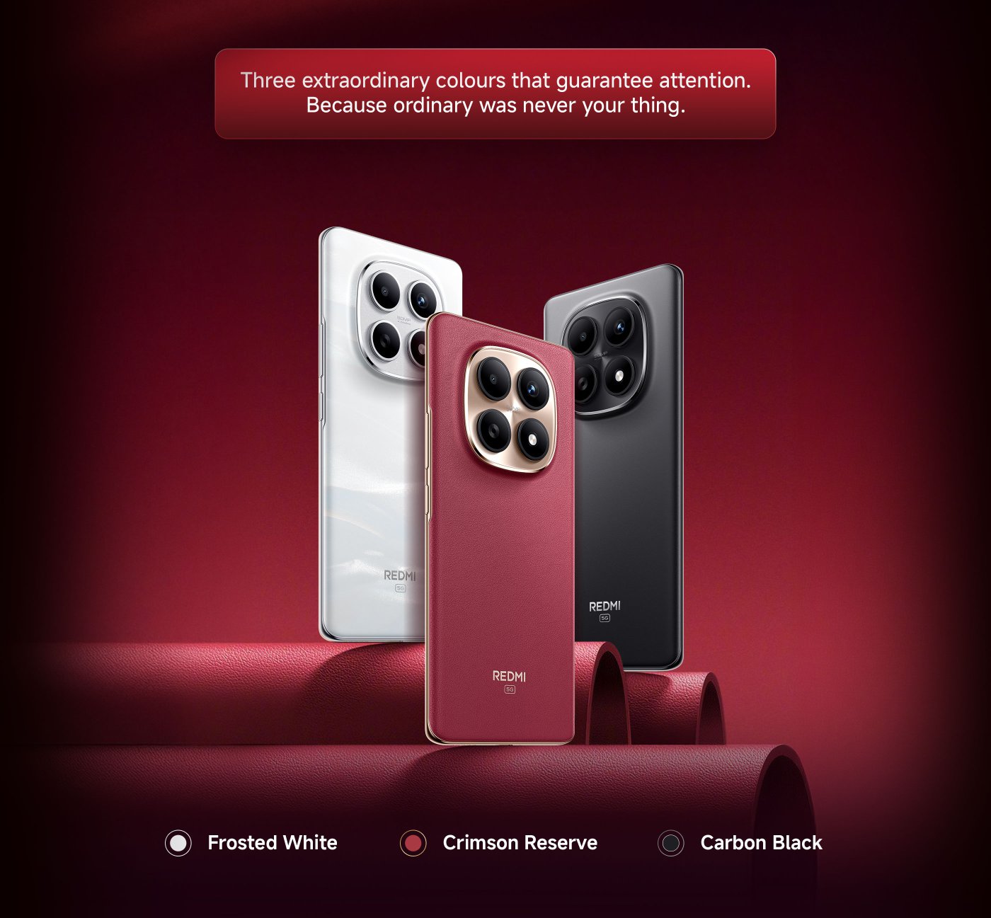 Showcase three mobile phones in red, white, and black, set against a deep red background. The text emphasizes that these three colors are unique and eye-catching, conveying an unusual design concept.