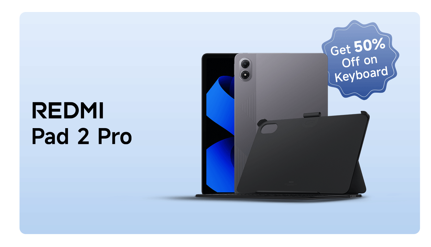 Show a REDMI Pad 2 Pro tablet with a light blue background. A black protective case is placed behind the tablet, and there is a promotional message next to it indicating a 50% discount on the keyboard.