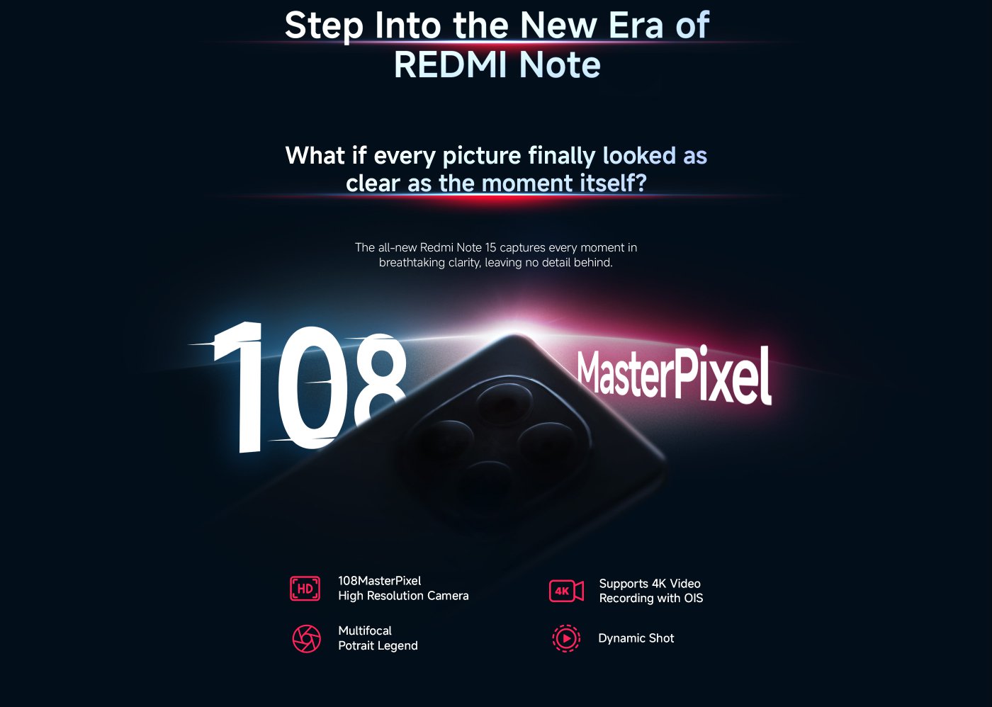 REDMI Note 15 5G, with the slogan "Faster. Stronger. Simply Better.", marked as "108 MasterPixel Edition", and displaying "Coming Soon".