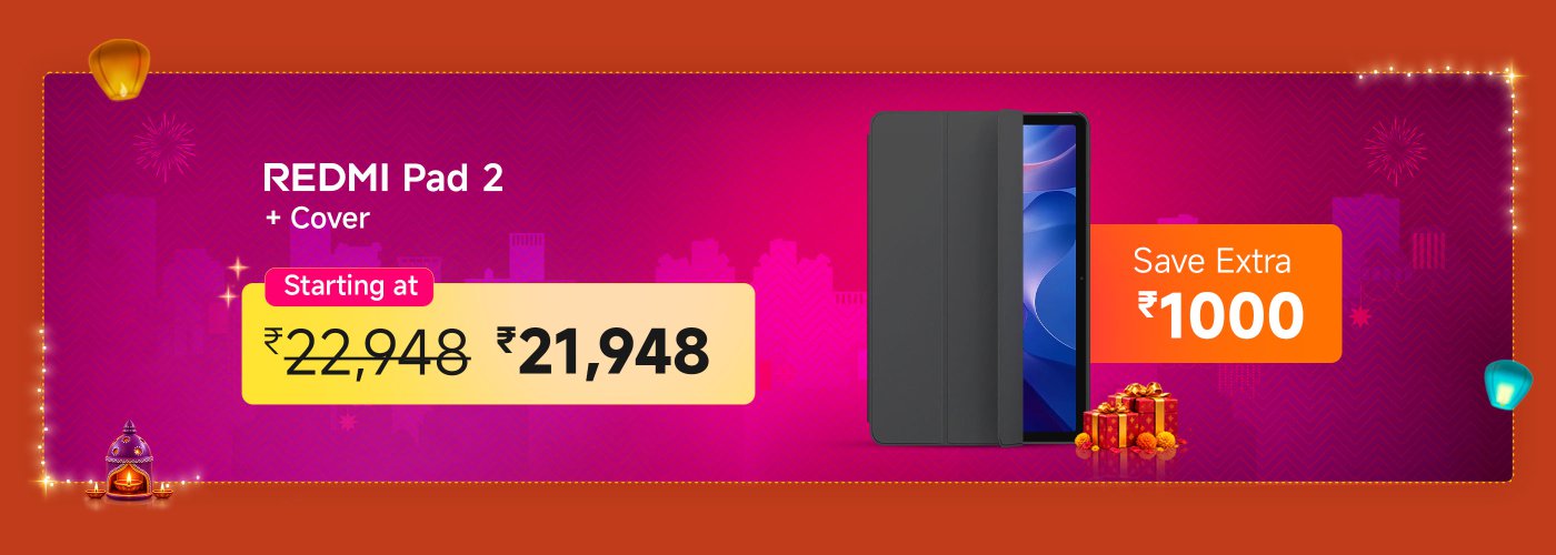 The advertisement showcases promotional information for the REDMI Pad 2 and its protective case. The original price of the product is ₹22,948, now available for ₹21,948, with an additional savings of ₹1,000. The background features festive decorative elements.