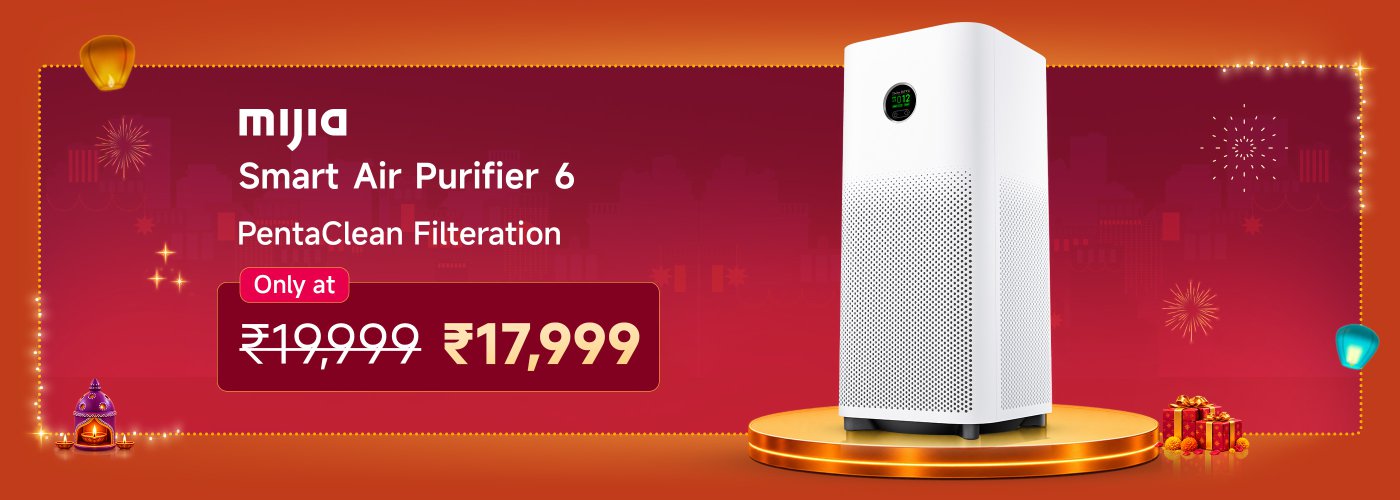 Mijia Smart Air Purifier 6, featuring the PentaClean filtration system, originally priced at ₹19,999, now available for just ₹17,999. The background is decorated for the festival, creating a festive atmosphere.