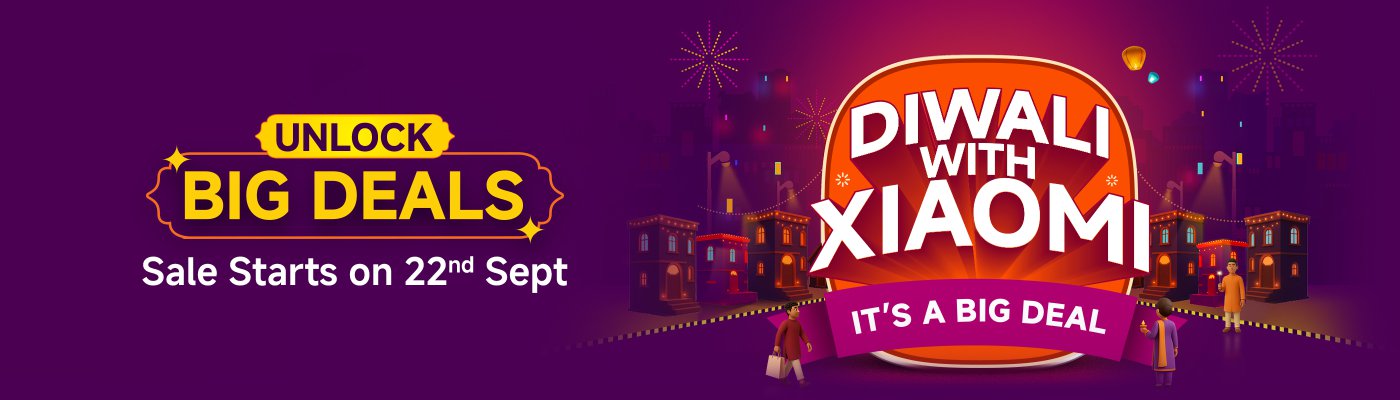 "Diwali with Xiaomi is a big deal coming soon!" This is a promotional graphic showcasing Xiaomi's promotional activities during the festival of lights, with a backdrop of a cityscape adorned with lanterns and fireworks, highlighting the upcoming products.