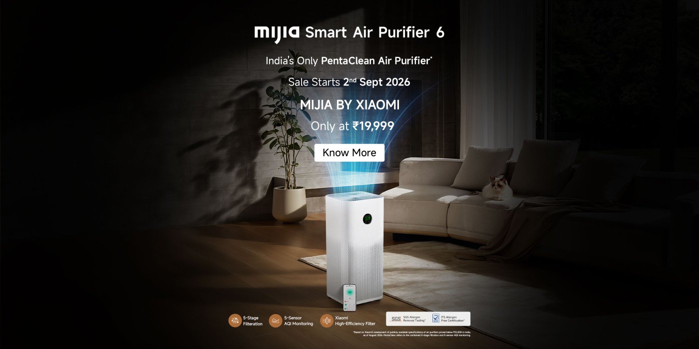 An advertisement for the Mijia Smart Air Purifier 6, highlighting its features such as PentaClean technology and 5-stage filtration. The sale starts on September 2, 2026, priced at ₹19,999. The image displays the air purifier in a modern setting with a smartphone indicating its smart capabilities.