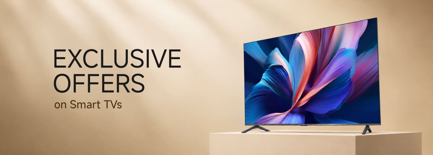 Exclusive offers on Smart TVs displayed alongside a vibrant television screen featuring colorful abstract designs. The background is a soft beige tone, creating a warm contrast with the TV.