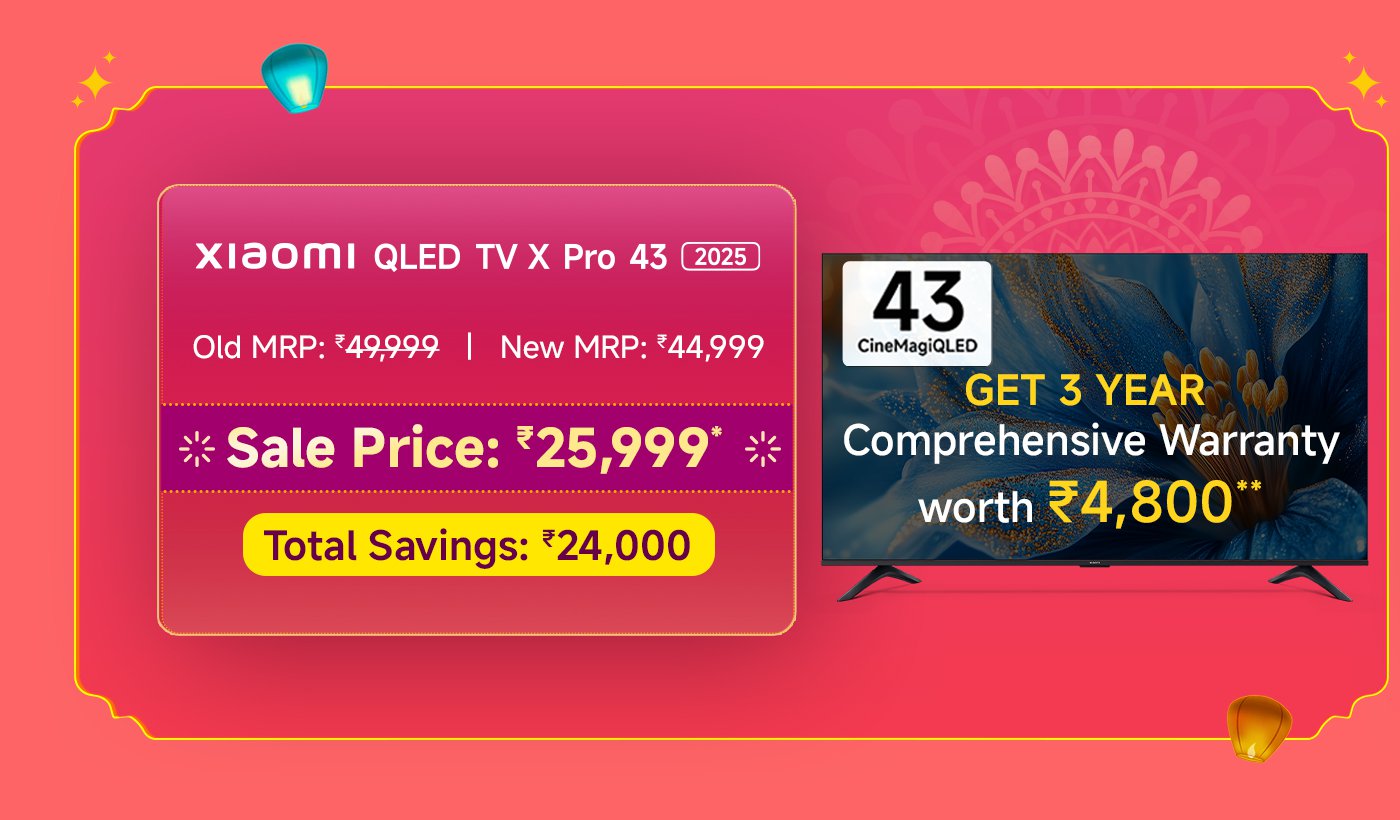 Xiaomi 43-inch QLED TV, model X Pro 43, priced at ₹25,999, original price ₹49,999, current price ₹44,999, comes with a three-year comprehensive warranty worth ₹4,800, total savings of ₹24,000.