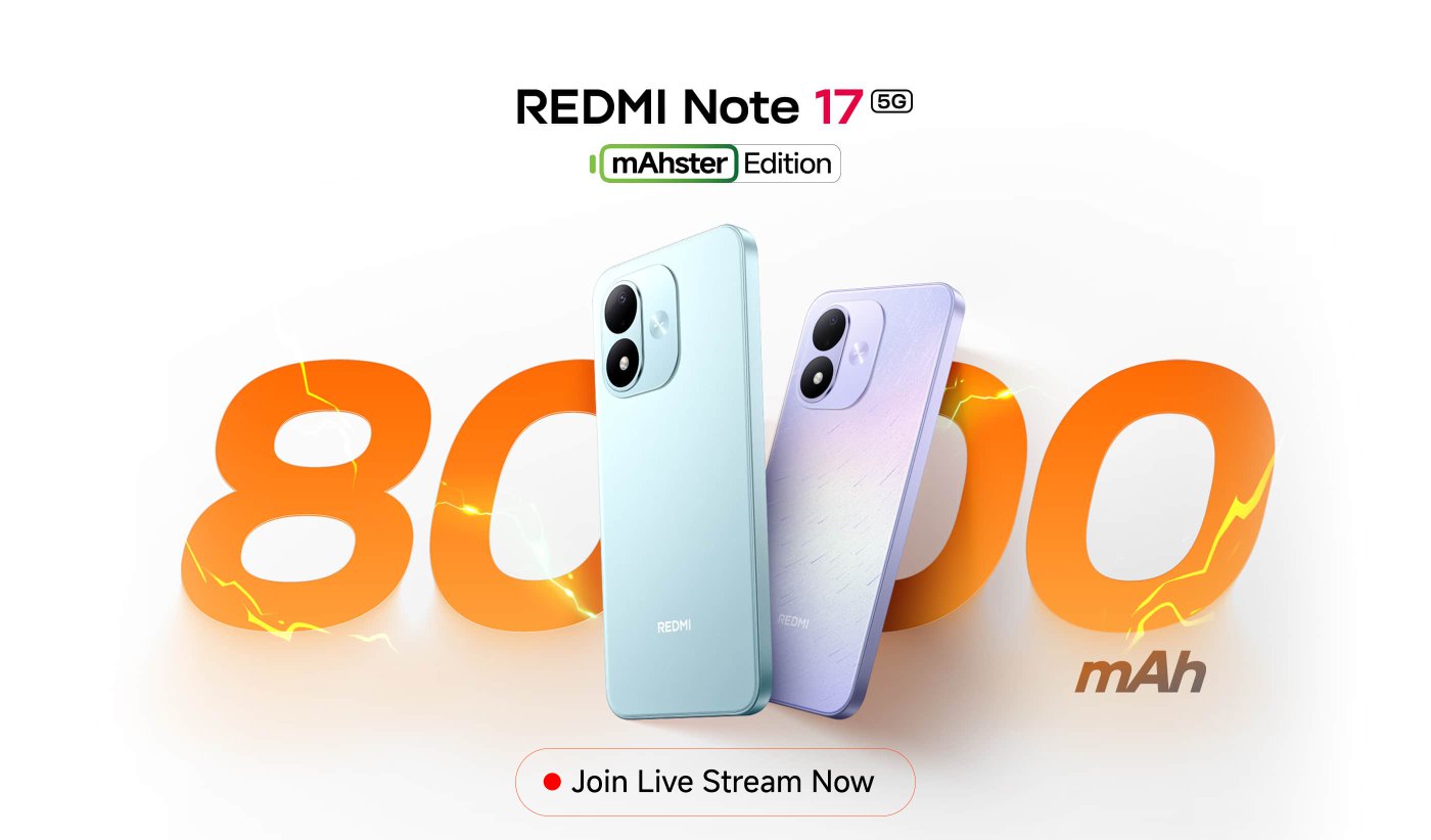 Showcased the REDMI Note 17 5G Master Edition phone, with two variants in blue and purple, a background featuring the text "8000 mAh," and a prompt at the bottom saying "Join Live Stream at 12PM."