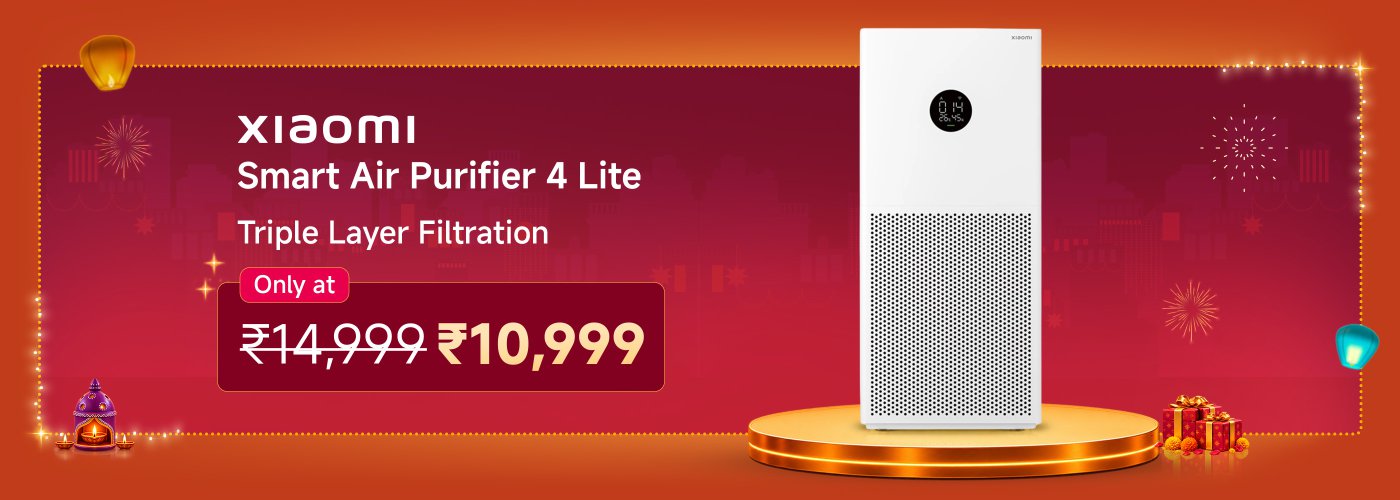 The Xiaomi Smart Air Purifier 4 Lite features a three-layer filtration system, originally priced at ₹14,999, now available for only ₹10,999. The background is adorned with festive decorations, enhancing the celebratory atmosphere.