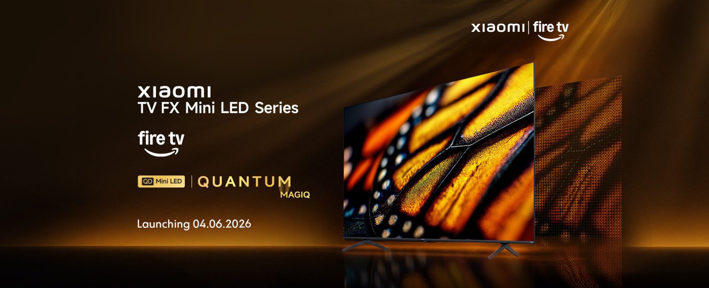 The promotional image for the Xiaomi TV FX Mini LED series showcases the television and its features, including the words "QD Mini LED" and "QUANTUM MAGIQ." The background features a golden gradient, and the TV screen displays vibrant images. It is set to be released on June 4, 2026.