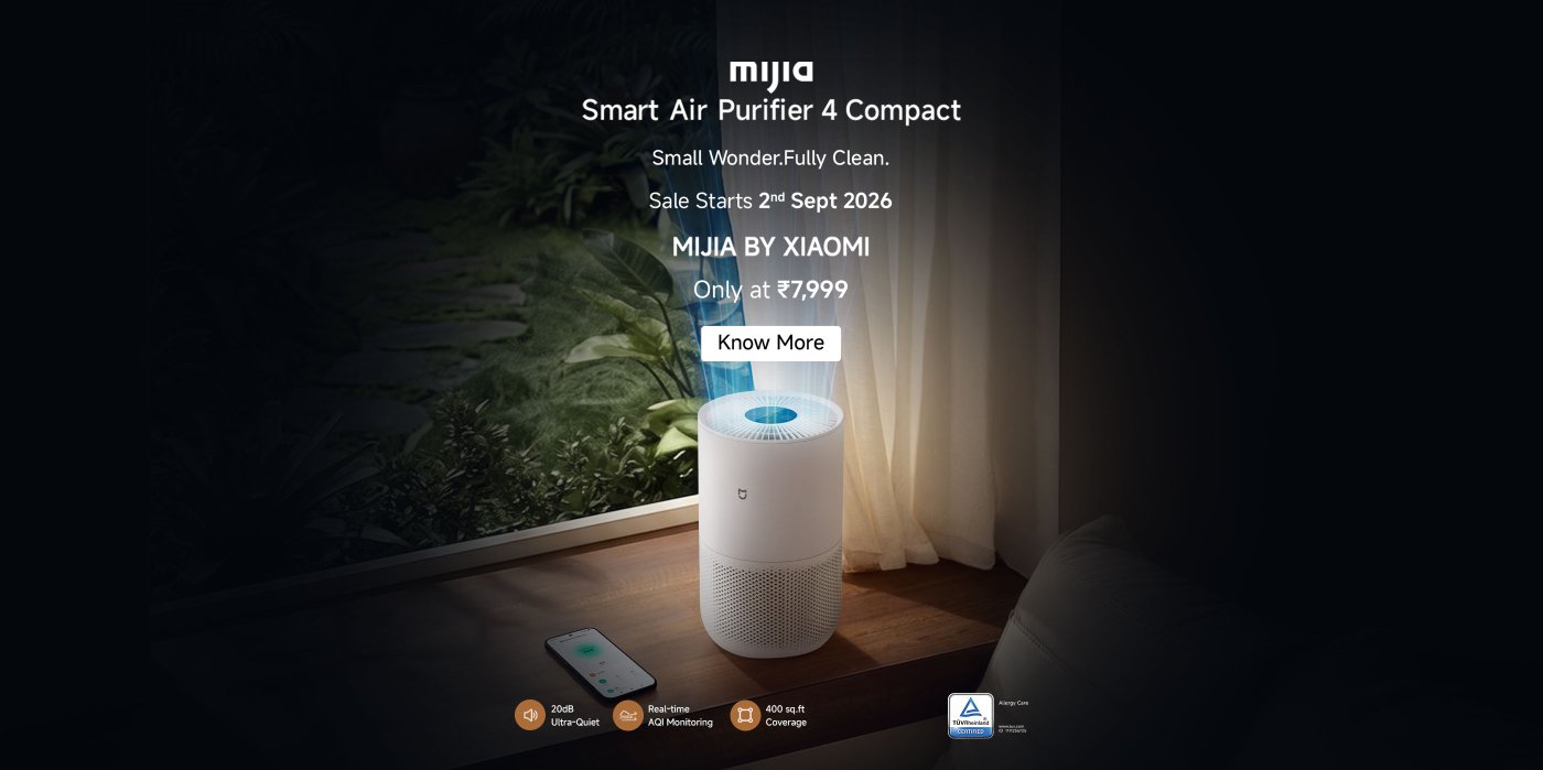 A smart air purifier is displayed in a cozy room setting. It highlights features such as "5-Stage Filtration" and "5-Sensor AQI Monitoring." The product is from MIJIA by Xiaomi, priced at ₹19,999, with a sale starting on September 2, 2026.