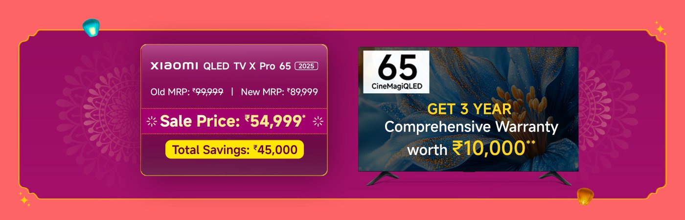 Xiaomi 65-inch QLED TV X Pro 2025, old price ₹99,999, new price ₹89,999, current price ₹54,999, saving ₹45,000.