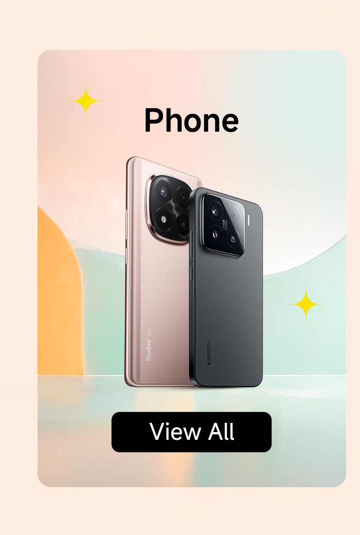 Two mobile phones are displayed side by side, one is a golden Redmi and the other is a black Xiaomi, with a soft gradient color background and a "View All" button at the bottom.