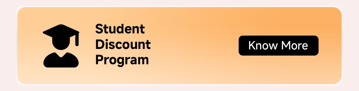 Icon for the student discount program, with a gradient orange background, featuring the text "Student Discount Program" and a black button that says "Know More."