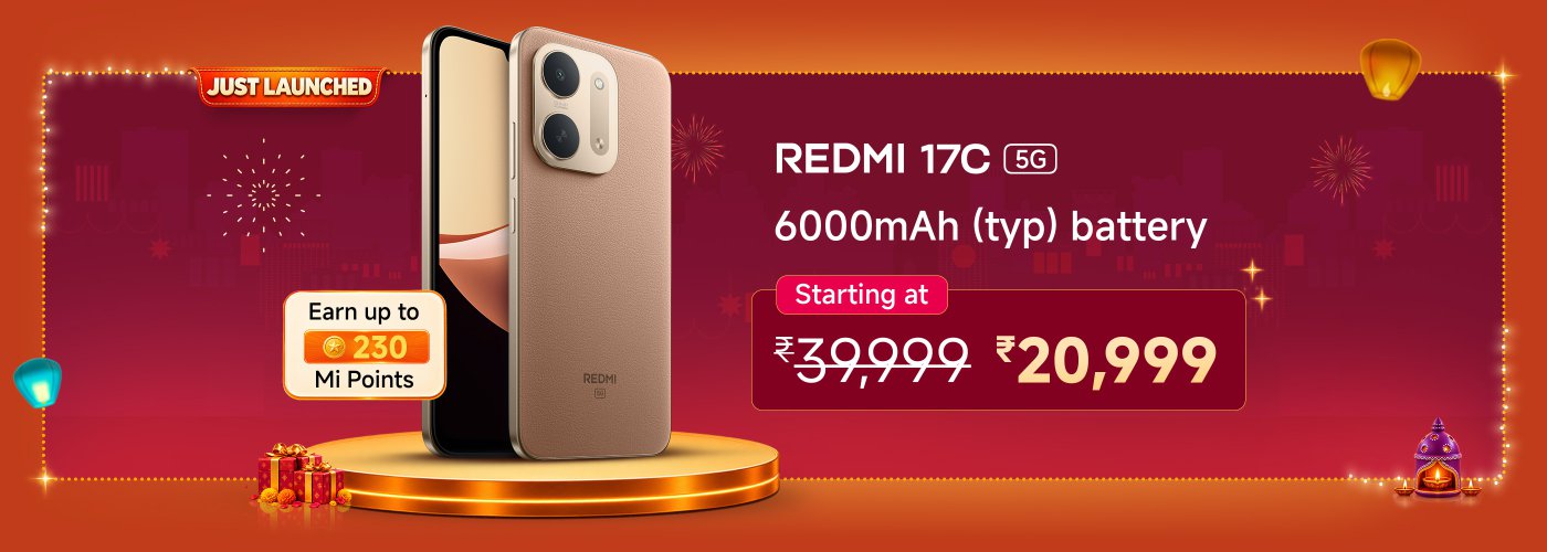 The Redmi 17C 5G smartphone has just been launched, equipped with a 6000mAh battery, starting at a price of ₹20,999, with an original price of ₹39,999. Purchase can earn up to 230 Mi points. The background features festive decorations and fireworks patterns.