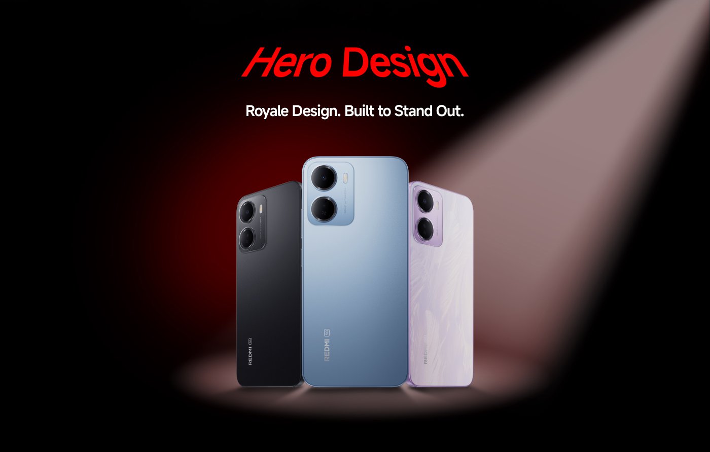 Three smartphones are displayed side by side, in black, blue, and purple, against a gradient background of black and red, highlighting the design features of the phones. The text includes "Hero Design" and "Royale Design. Built to Stand Out."