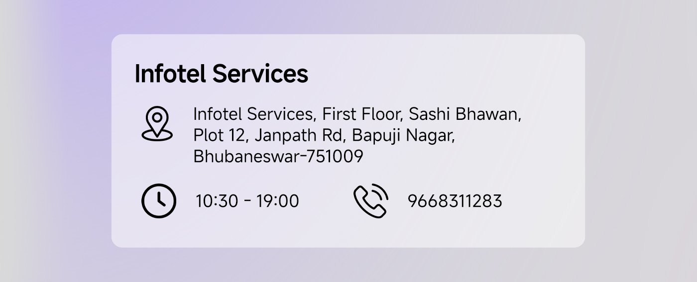 Infotel Services, located at First Floor, Sashi Bhawan, Plot 12, Janpath Rd, Bapuji Nagar, Bhubaneswar-751009. Operating hours are from 10:30 to 19:00. Contact number: 9668311283.