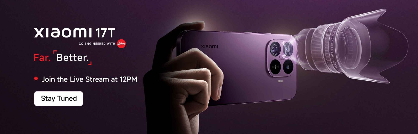 A promotional image for the Xiaomi 17T smartphone, showcasing a hand holding the device with a stylized illustration of its camera lens. Text highlights include "Far. Better." and an invitation to join a live stream at 12 PM, along with a "Stay Tuned" button. The background is a gradient of dark colors.
