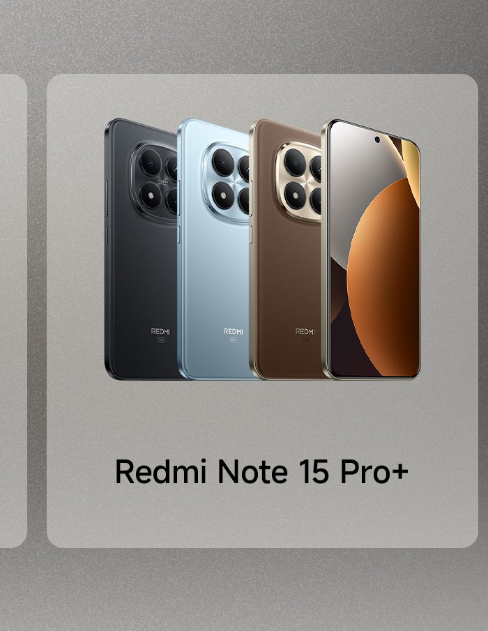 Showcased are four different colored Redmi Note 15 Pro+ smartphones, namely black, blue, brown, and gold. The phone's design is modern, with the screen displaying a circular pattern and an overall gray background.
