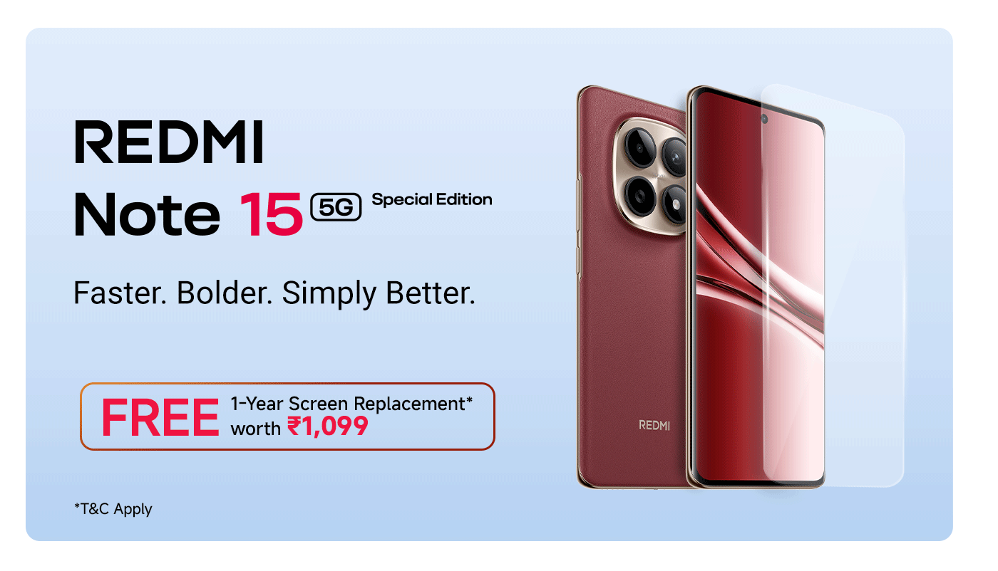 The Redmi Note 15 5G Special Edition phone is showcased, with a transparent protective film beside it. The promotional content mentions a free one-year screen replacement service, valued at ₹1,099, with terms and conditions applied.