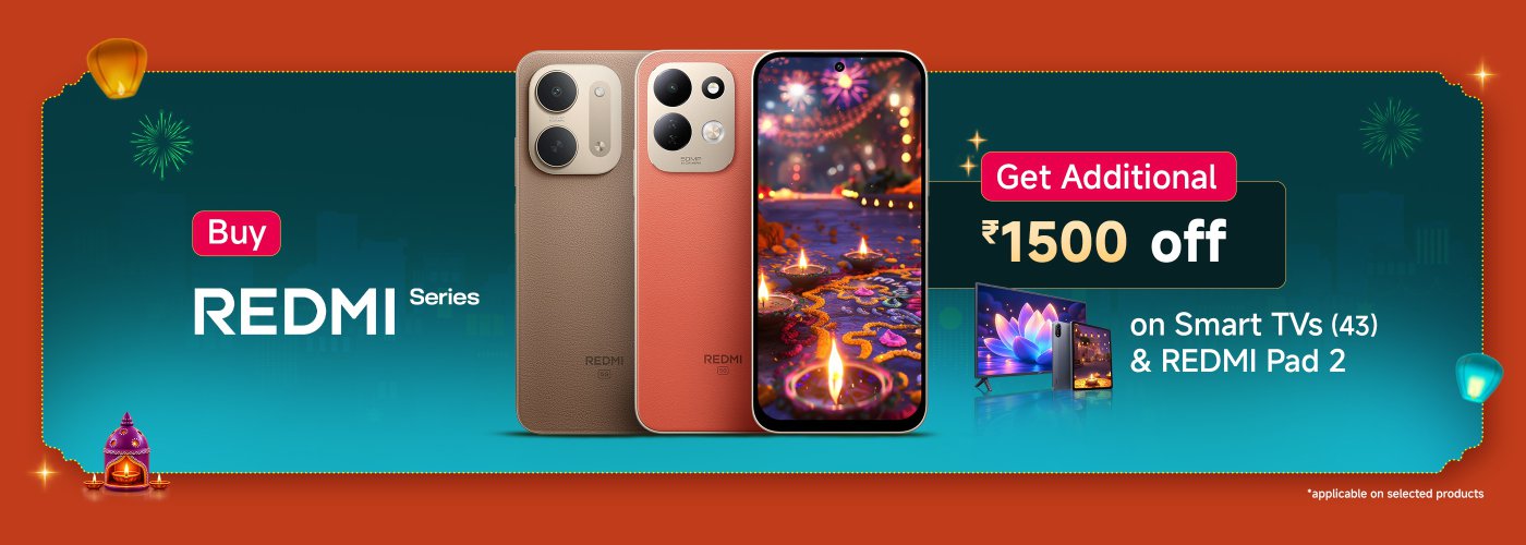 The advertisement showcases several REDMI series smartphones, with lights and decorations in the background creating a festive atmosphere. The information includes an additional ₹1500 discount available after purchase, applicable to the 43-inch smart TV and REDMI Pad 2.