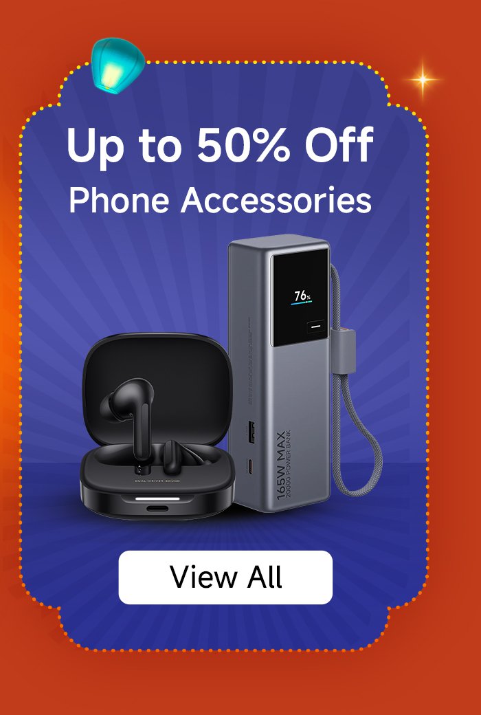 The promotional advertisement shows "Mobile accessories up to 50% off" and features headphones and a power bank, with a blue radial pattern in the background. There is a "View All" button on the right side.