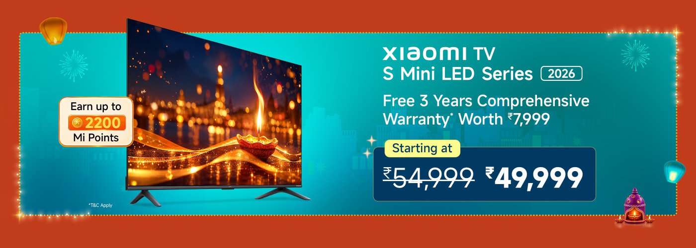 Xiaomi TV S Mini LED Series 2026 advertisement, featuring a promotion with a free 3-year comprehensive warranty worth ₹7,999. The TV starts at ₹49,499, reduced from ₹54,999, and offers the opportunity to earn up to 2200 Mi Points. The background includes festive elements.