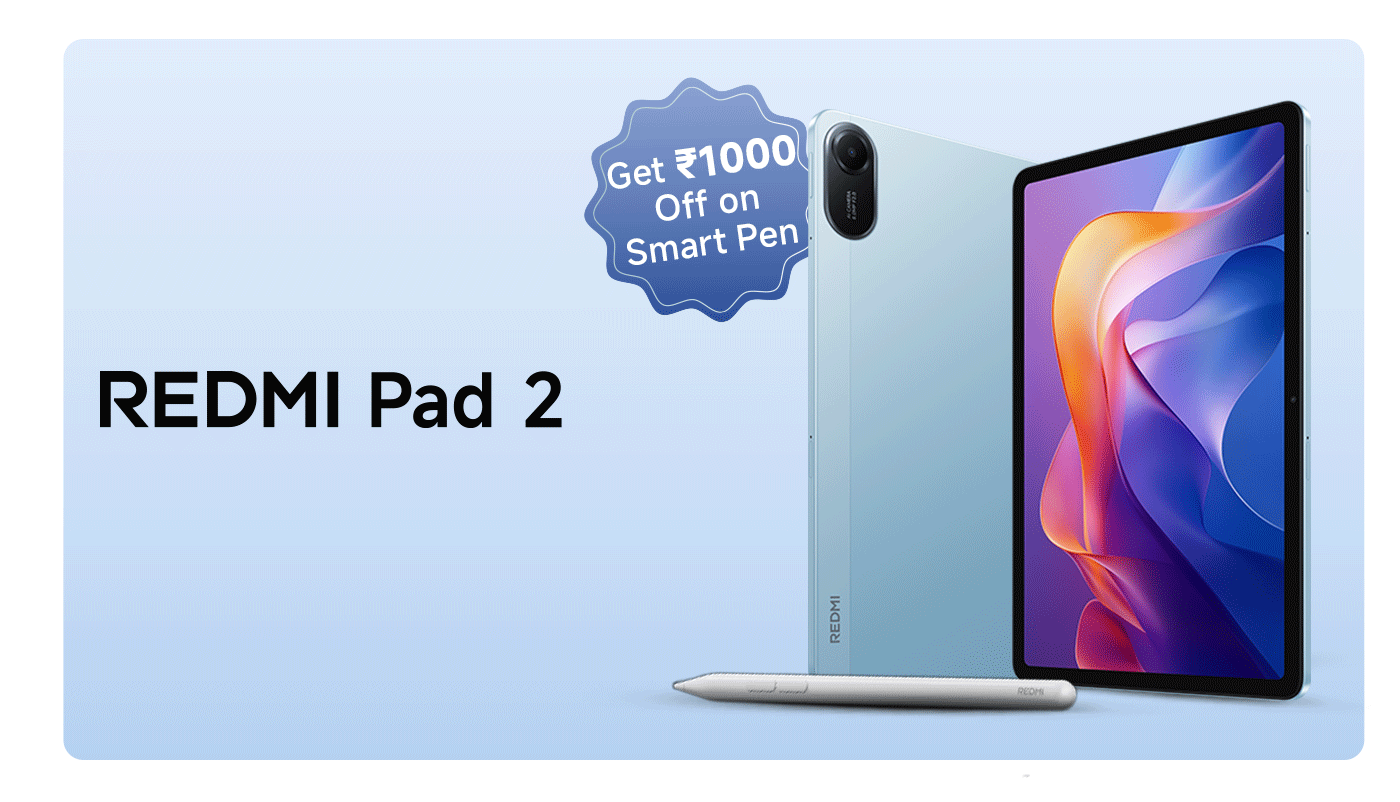 A blue REDMI Pad 2 tablet is displayed, with a smart pen placed beside it. There is promotional information in the upper right corner indicating that purchasing the smart pen offers a discount of ₹1000. The background is light blue.