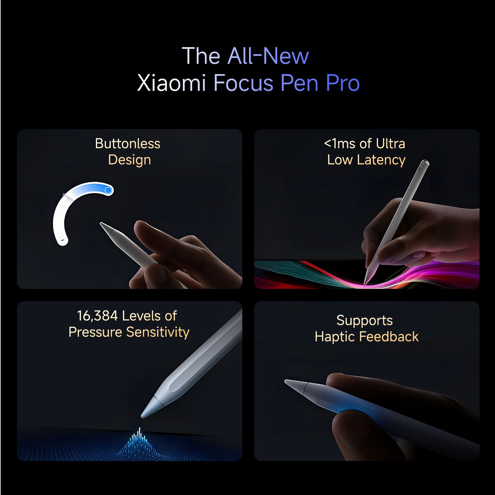The image showcases the Xiaomi Focus Pen Pro, highlighting its features: a buttonless design, ultra-low latency of less than 1ms, 16,384 levels of pressure sensitivity, and support for haptic feedback. The design emphasizes a sleek, modern look suitable for precise drawing and writing.