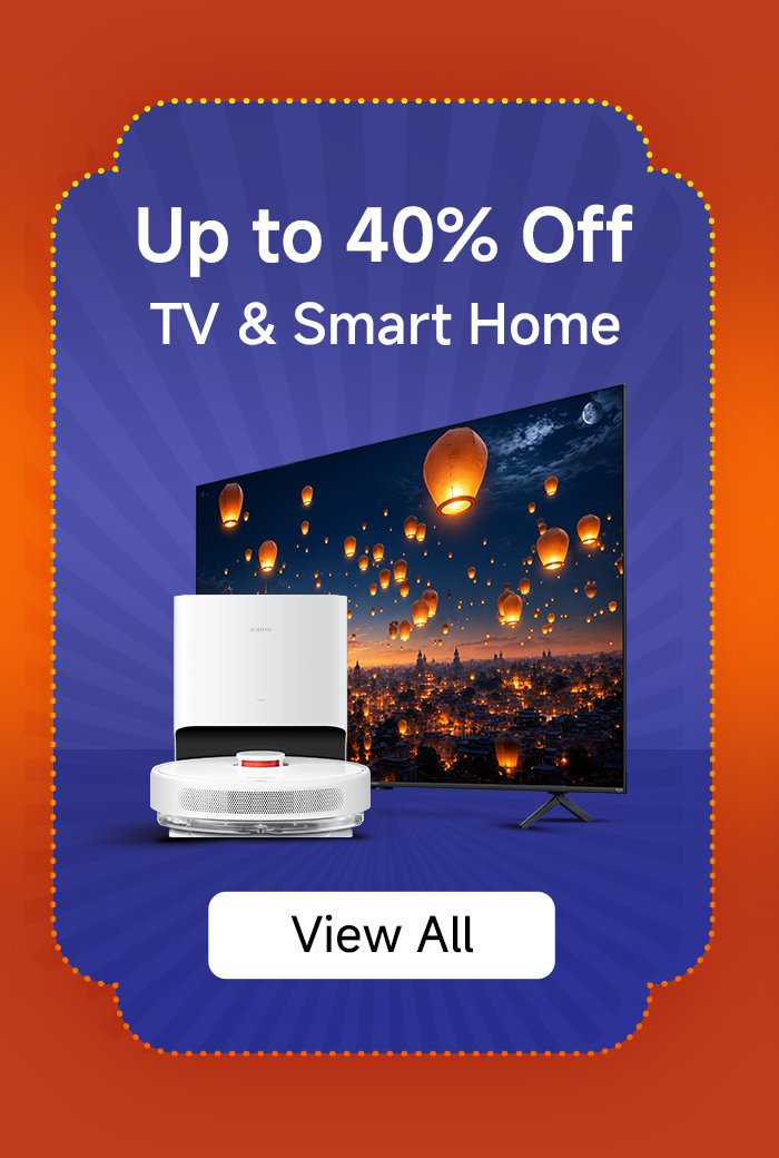 Up to 40% off on TV and Smart Home products. The image features a TV displaying a night scene with floating lanterns and a smart home device in front. There is a "View All" button for more details.