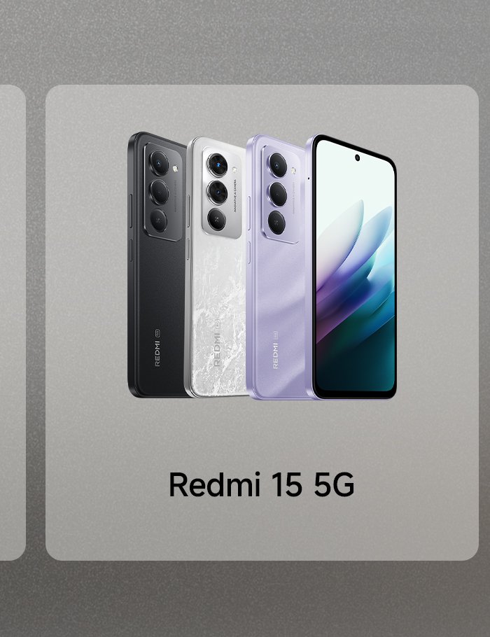 Showcased are three models of the Redmi 15 5G phone, available in black, white, and purple colors, with the front being a display screen and the background in gray.