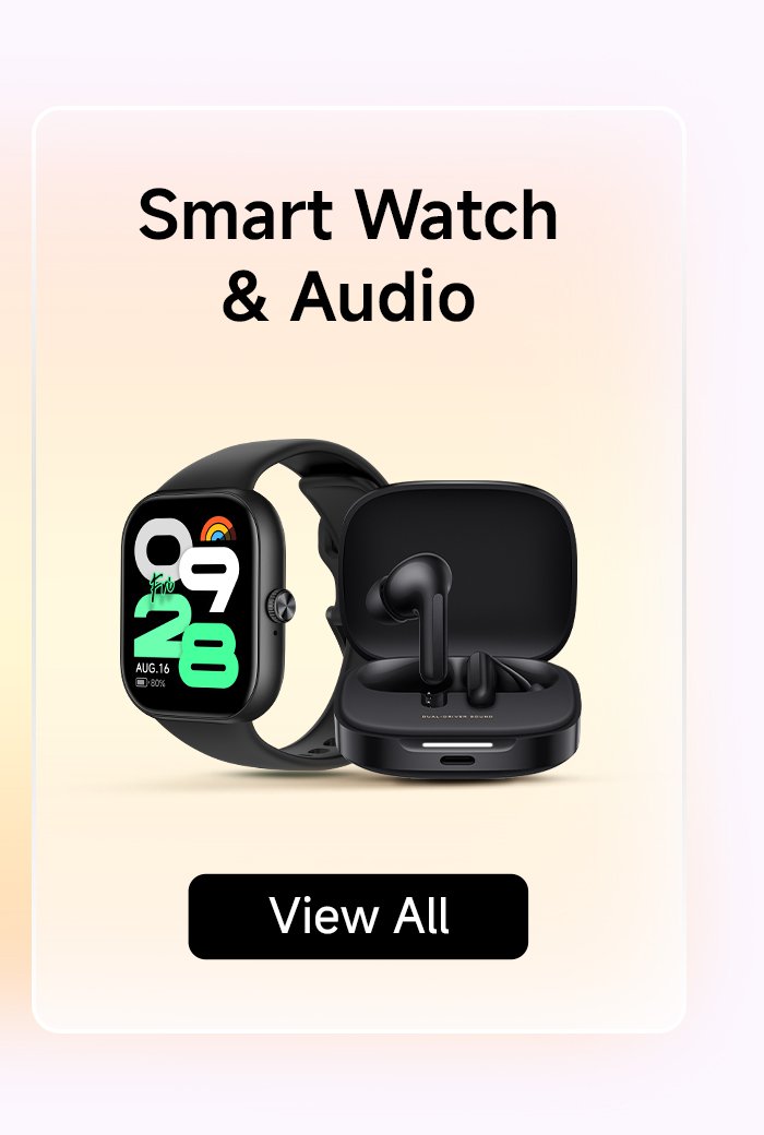 Smartwatch and headphone display, with a "View All" button.