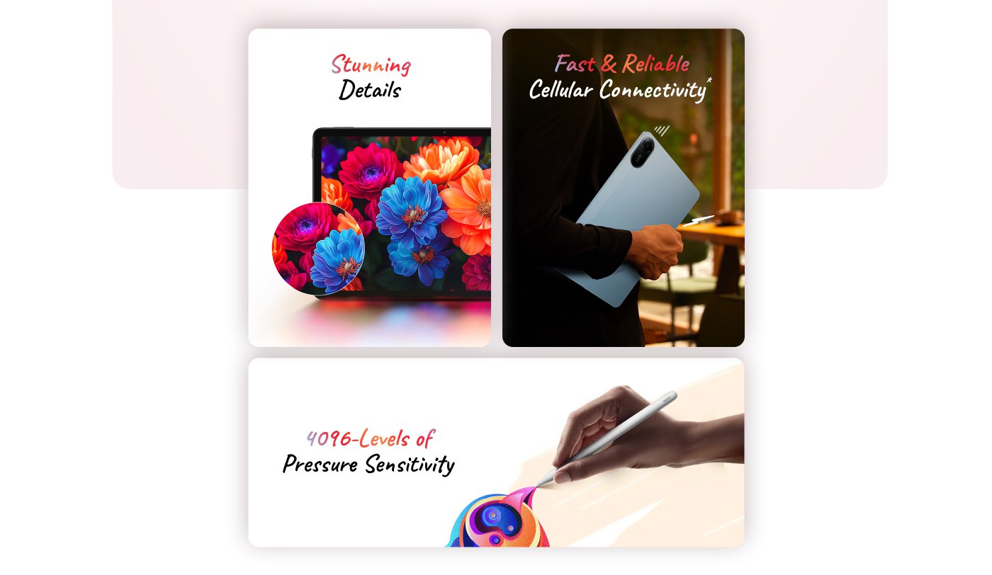 Showcased a device's features, including stunning detail display, fast and reliable cellular connectivity, and 4096 levels of pressure sensitivity. On the left side is a screen with a floral pattern, while the right side displays a user with a handheld device, and at the bottom is a scene of a person using a stylus to draw.