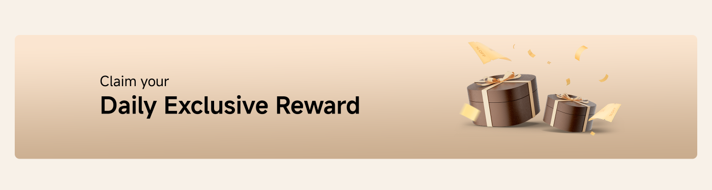 Claim your Daily Exclusive Reward. The image features two gift boxes with ribbons, accompanied by confetti and discount tags.