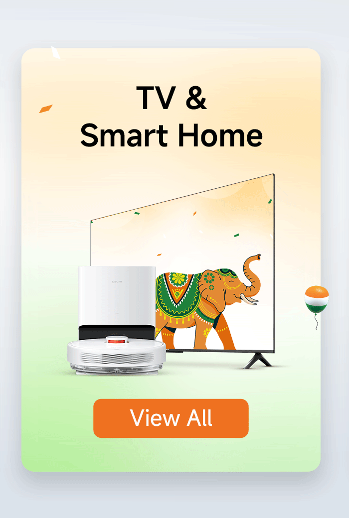 The advertisement showcases a smart home device and a television, with a beautifully decorated elephant in the background. At the top, it says "TV & Smart Home," and at the bottom, there is a "View All" button.