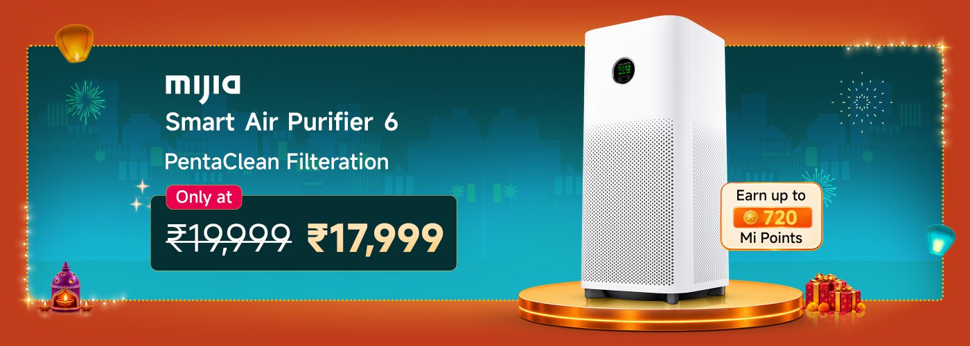 Mijia Smart Air Purifier 6 with PentaClean Filtration is available for ₹17,999, reduced from ₹19,999. Customers can earn up to 720 Mi Points with the purchase. The background features festive decorations, enhancing the promotional theme.