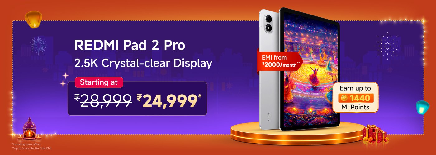 The REDMI Pad 2 Pro advertisement showcases its 2.5K clear display. Priced from ₹28,999, it is now available at a special price of ₹24,999, with an installment option of ₹2000 per month, and you can earn up to 1440 Mi Points. The background is adorned with festive elements.