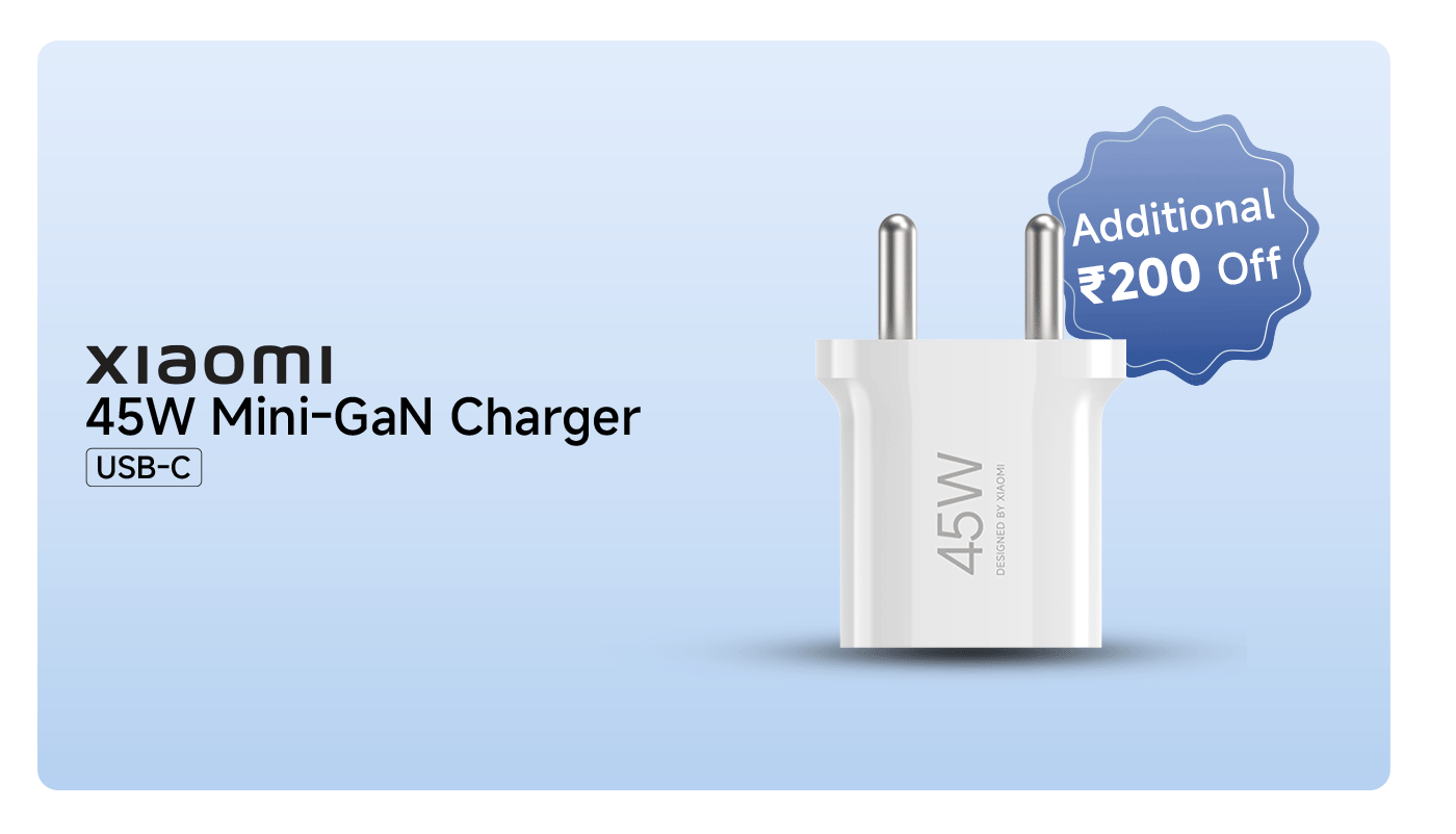 Xiaomi 45W Mini-GaN Charger with USB-C connector. The charger is white, featuring a clear "45W" label. There's a promotional badge indicating an additional discount of ₹200 off. The background is a light blue color.