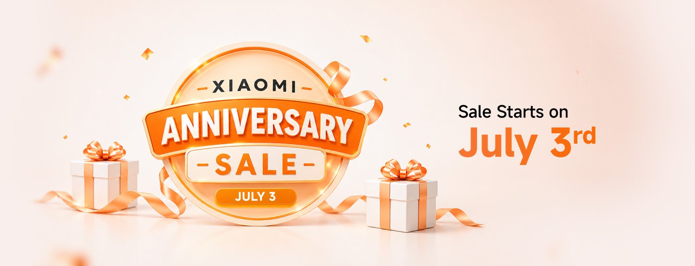 Xiaomi's anniversary celebration promotion starts on July 3rd. The background features orange balloons and gift boxes, showcasing a festive atmosphere.