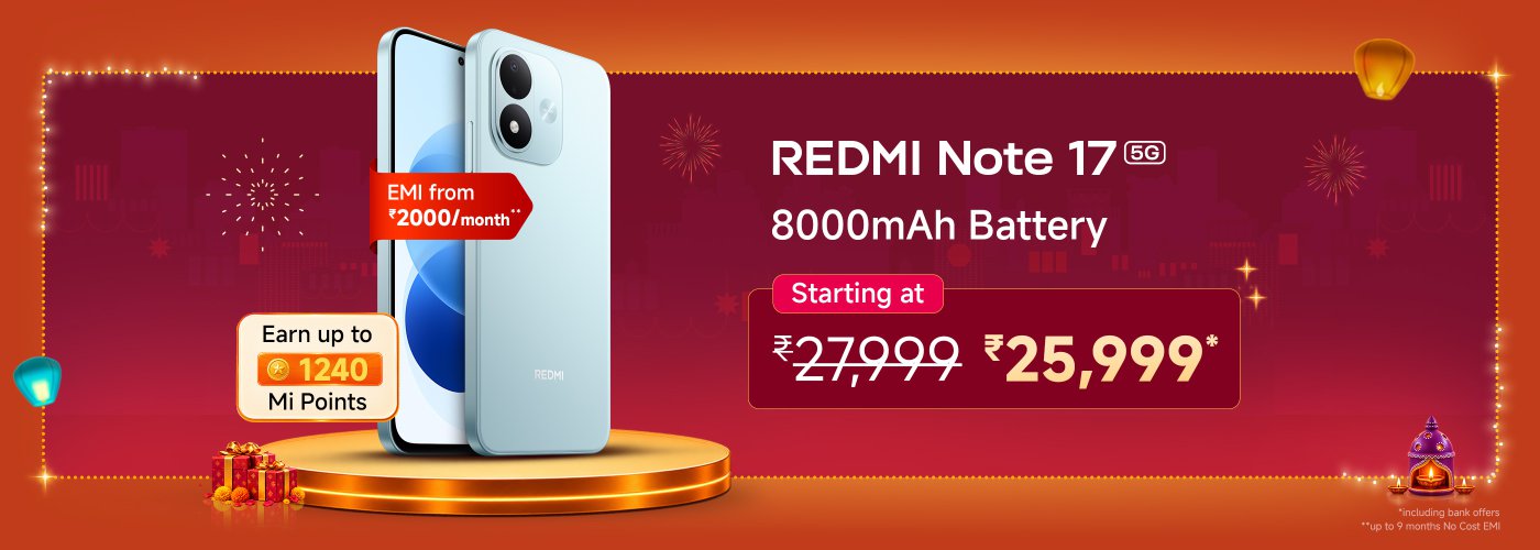 The advertisement features the REDMI Note 17 5G smartphone, highlighting its 8000 mAh battery. It mentions a starting price of ₹25,999, with an EMI option from ₹2000 per month. Additionally, customers can earn up to 1240 Mi Points.