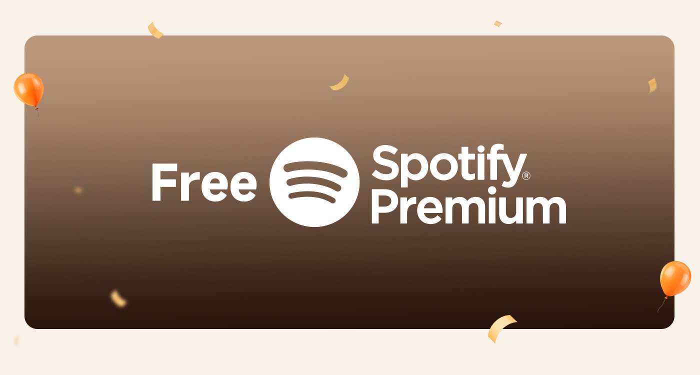 "Free Spotify Premium" is prominently displayed, accompanied by the Spotify logo. The background features a warm gradient with festive elements like confetti and orange balloons, creating a celebratory vibe.