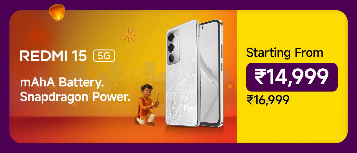 The Redmi 15 5G phone is showcased, featuring a large battery and Snapdragon processor. The price starts at ₹14,999, down from the original price of ₹16,999. In the background, a child is playing a musical instrument.