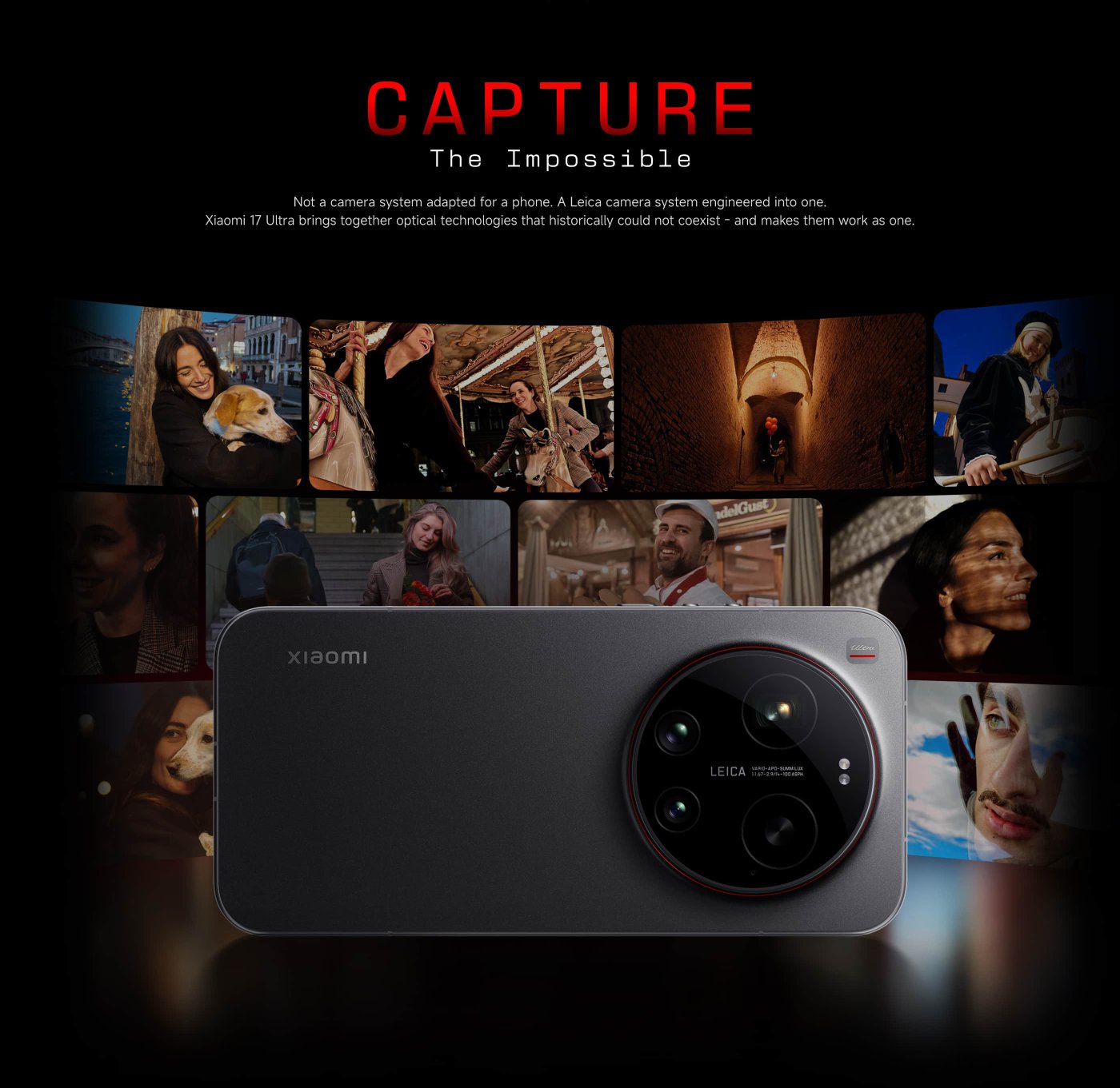 A hand is holding a Xiaomi 17 Ultra smartphone, prominently featuring its camera lens. The background is black with bold red lettering that says "Ultra," and there's a tagline "Rule The night" above the phone.